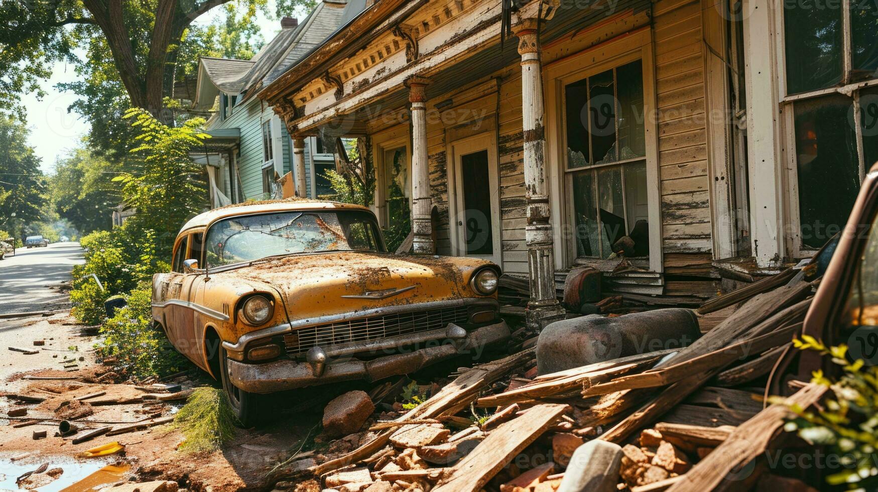 AI generated Abandoned car in the old town near wooden house. photo