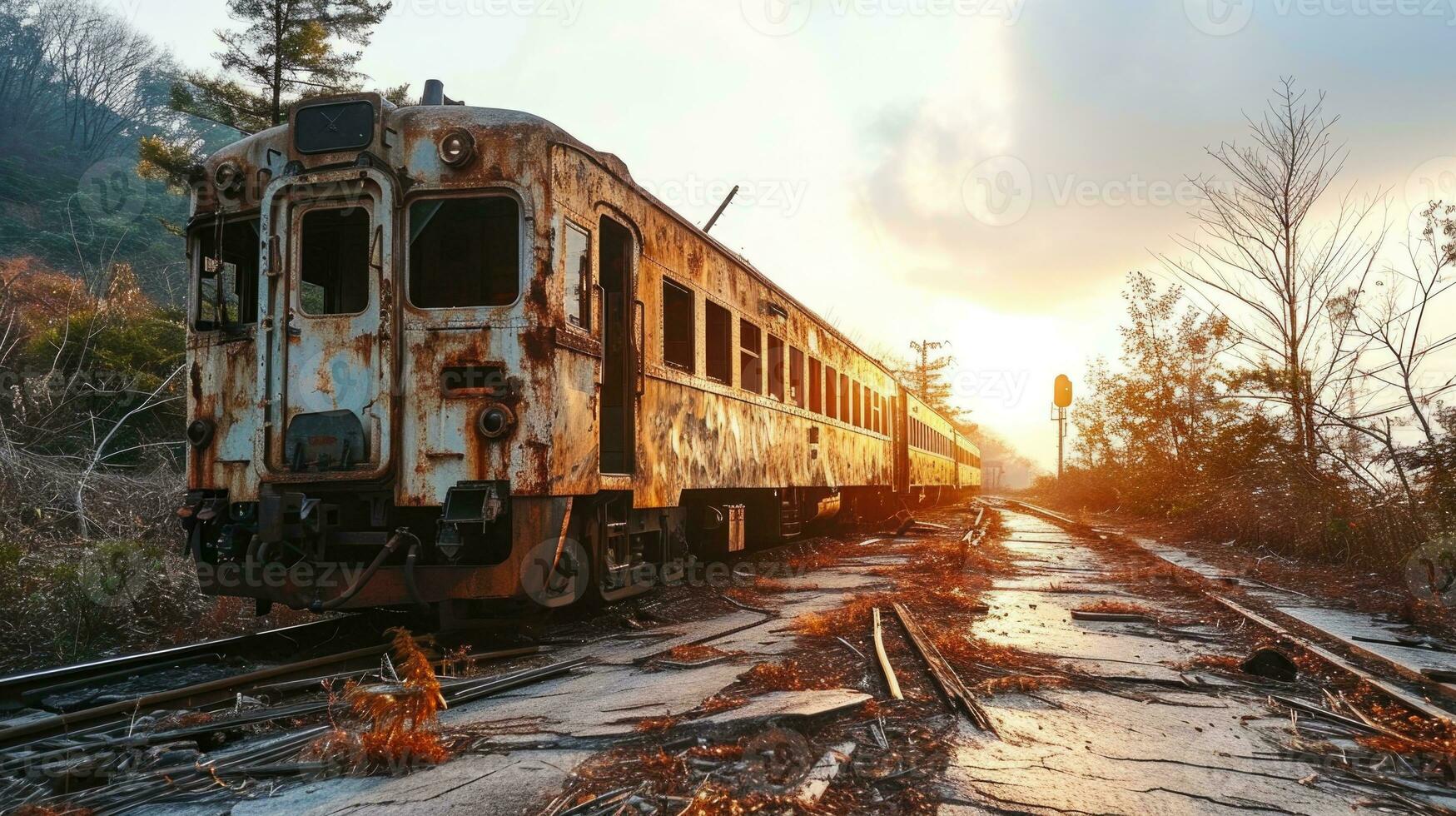 AI generated Abandoned train on the railroad tracks at sunset in autumn. photo