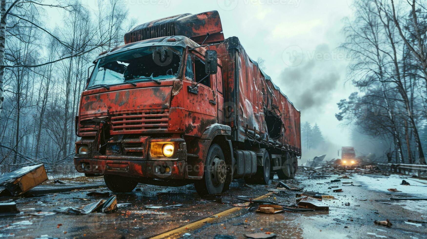 AI generated Crashed red truck in the forest after a fire. Concept of disaster photo