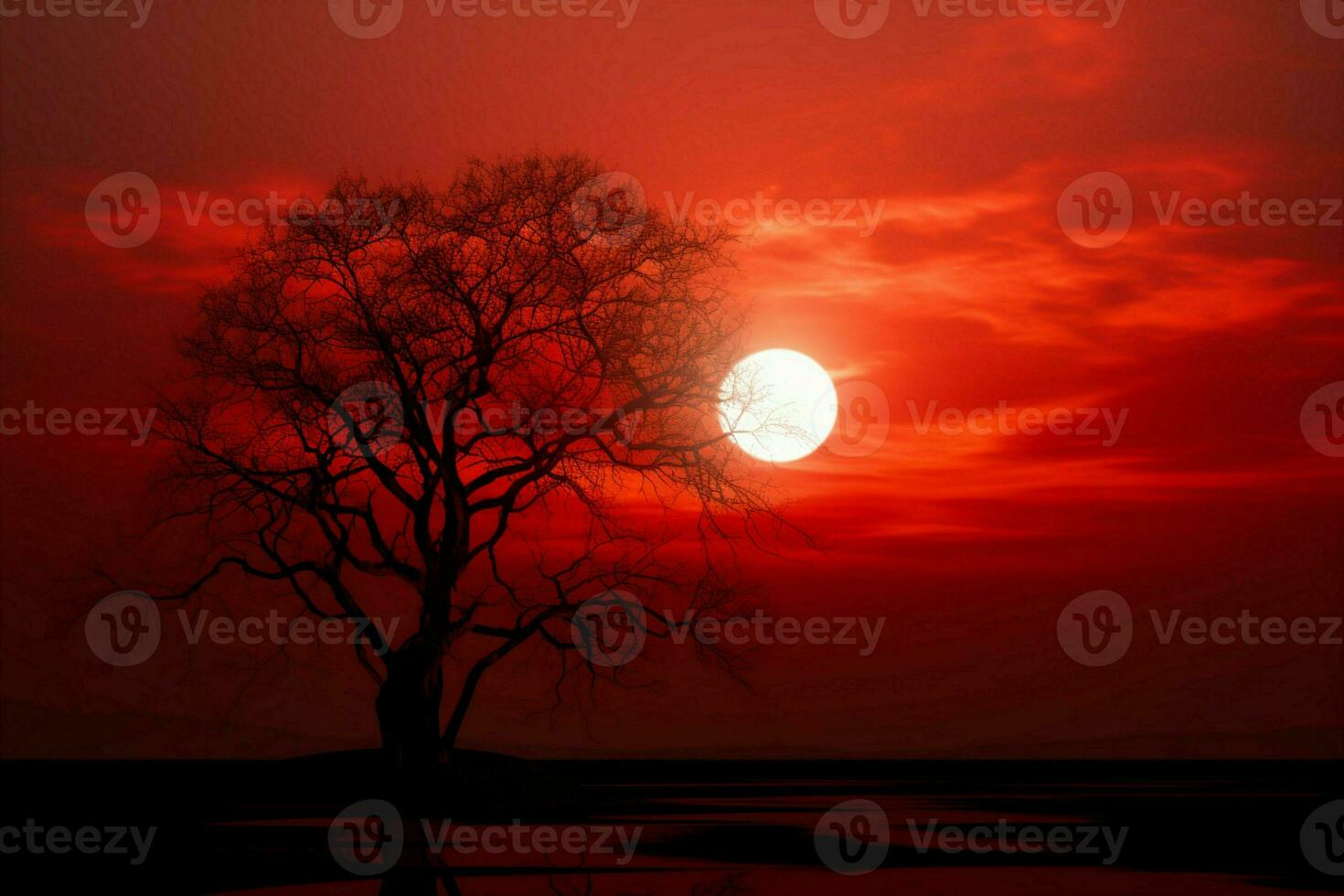 ai generado pacífico oscuridad redondo Dom en rojo cielo con silueta árbol foto