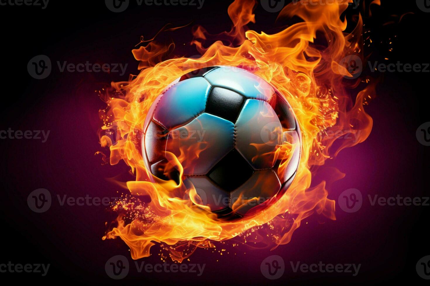 AI generated Soccer drama Ball on black backdrop with dynamic colored lights photo