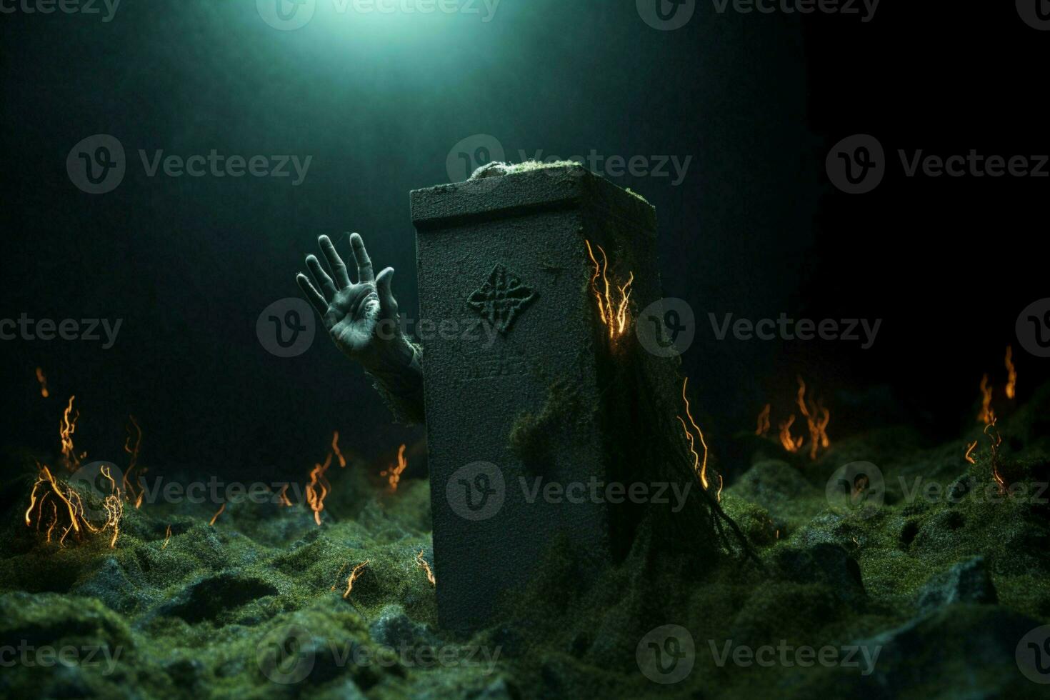 AI generated Eerie resurrection Zombie hand emerges from the depths of the tomb photo