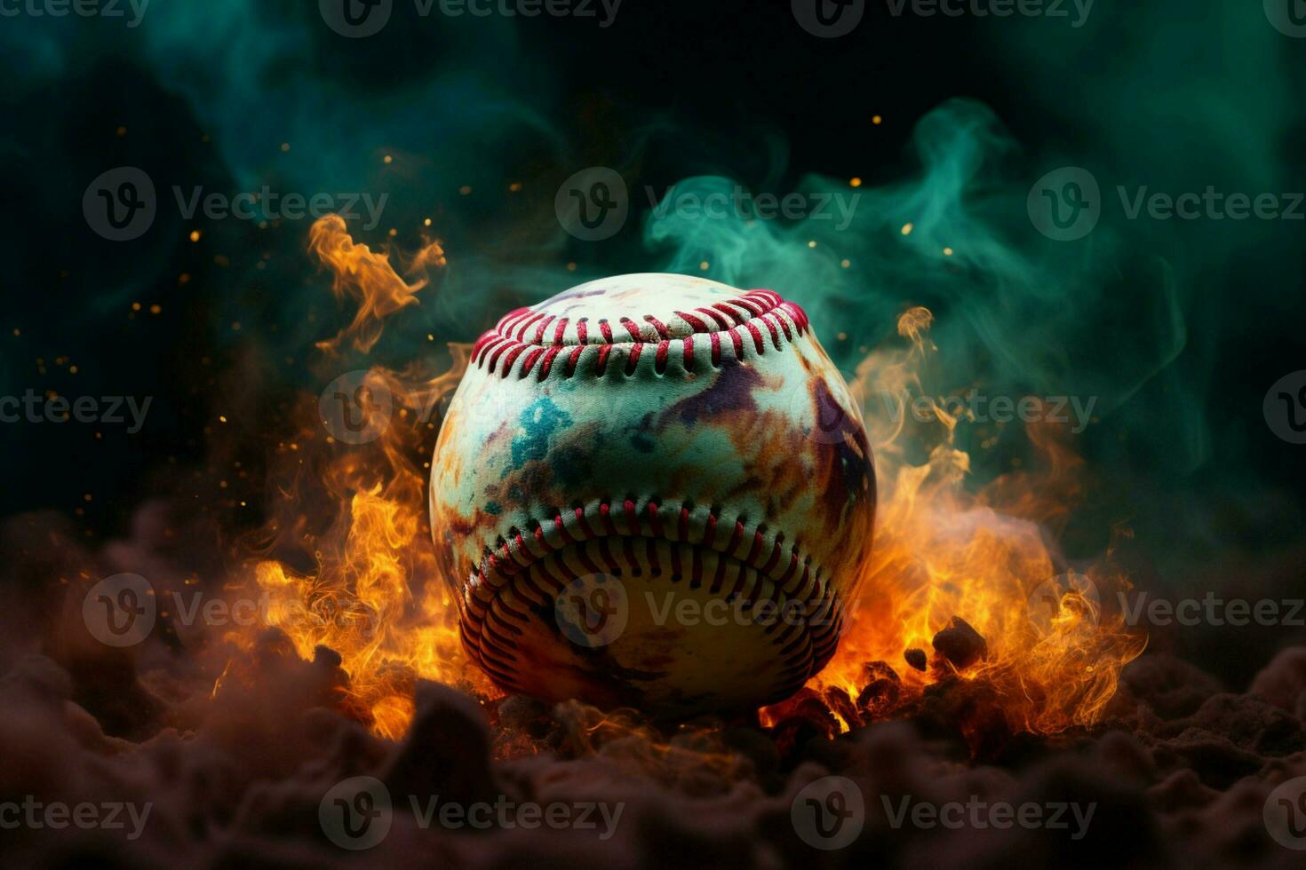 AI generated Baseball spectacle Colorful ball pops against a mysterious, smoky background photo