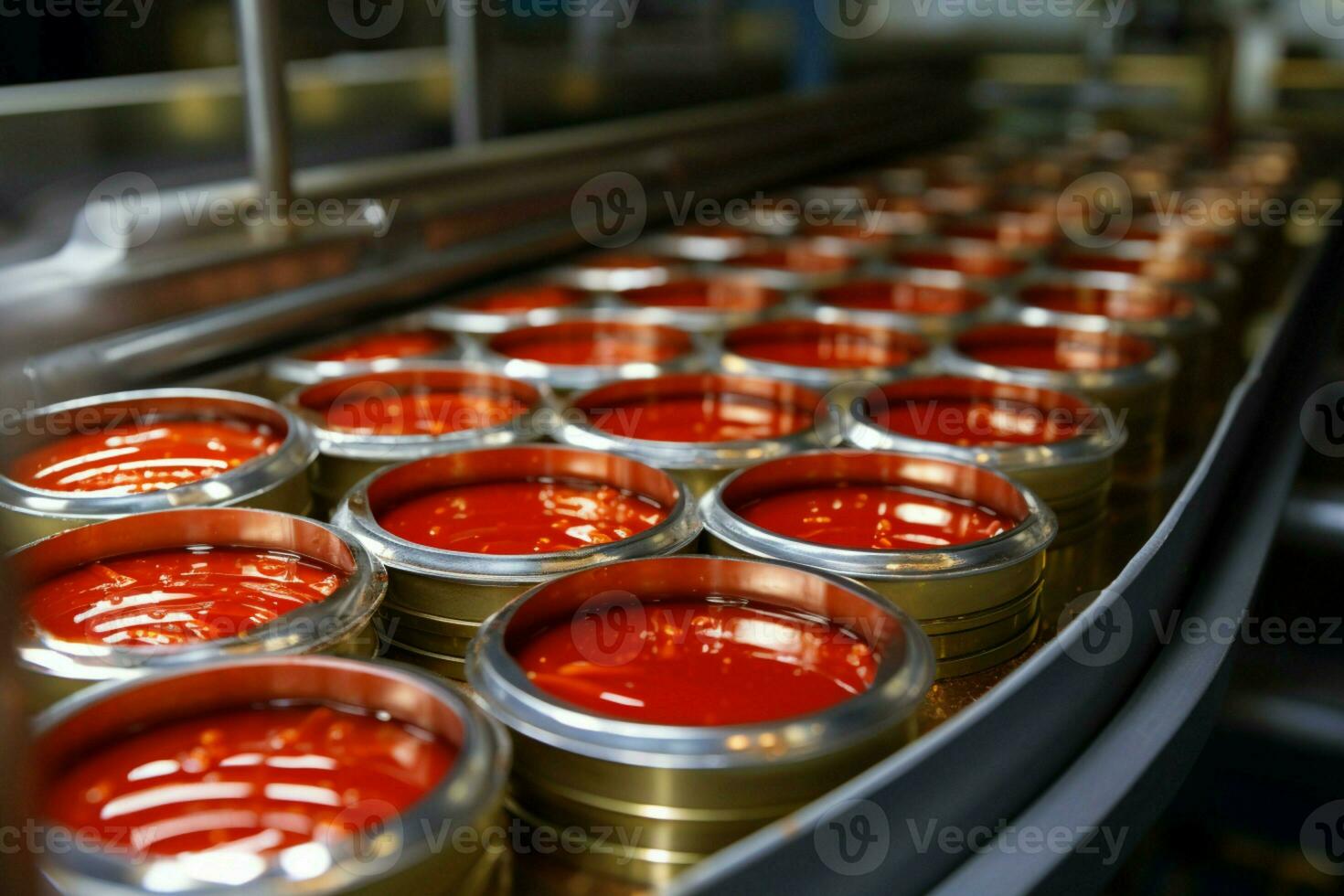 AI generated Food industry showcase Canned sardines in a tomato sauce factory photo