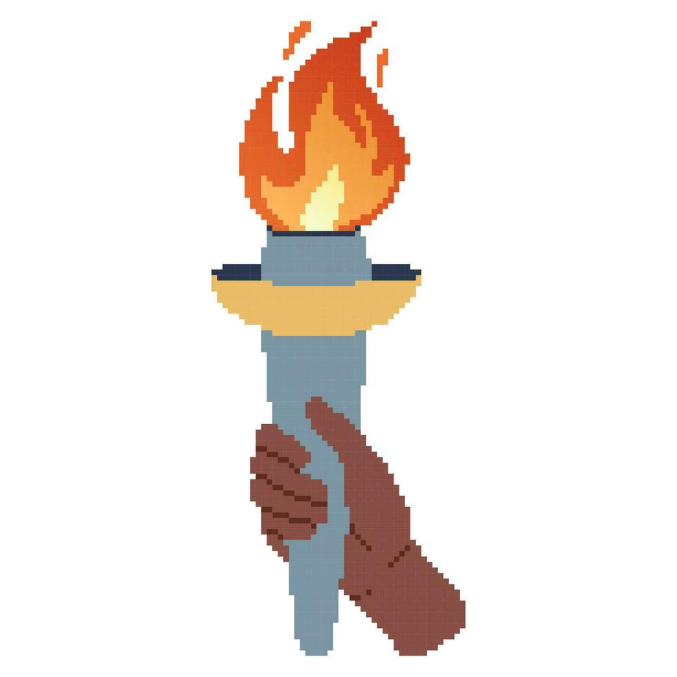 Pixel art Hand holding a torch. Sport symbol, flat vector illustration design.
