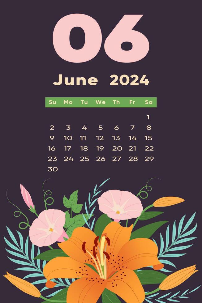 floral junio 2024 calendario modelo. con brillante vistoso flores y hojas. vector