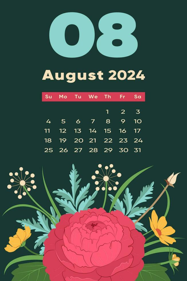 Floral August 2024 calendar template. With bright colorful flowers and leaves. vector