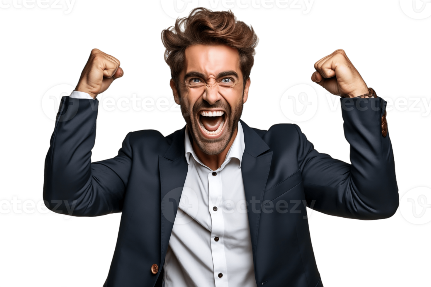 AI generated Successful Businessman Flexing Arms in Victory on Transparent Background. AI png