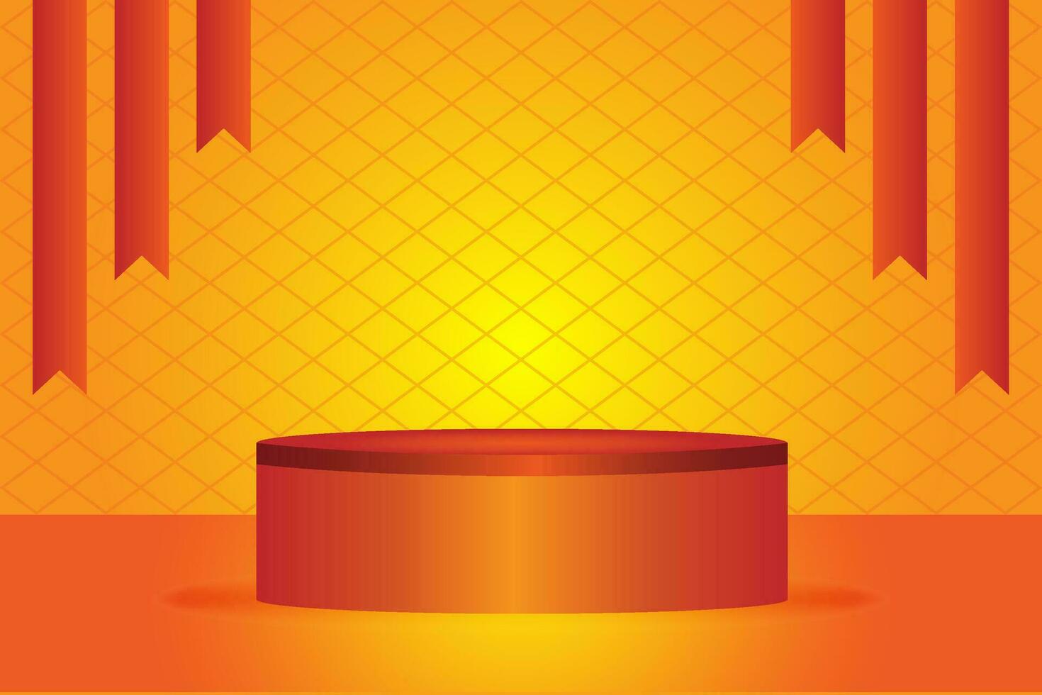 Abstract background scene. Orange stage podium with tape dangling. Product presentation. Cosmetic product display. vector
