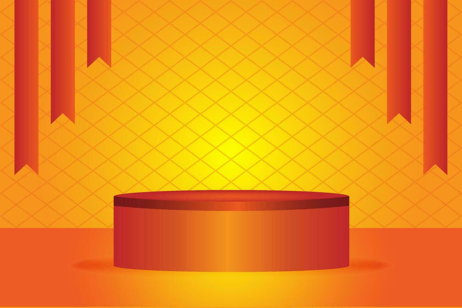 Abstract background scene. Orange stage podium with tape dangling. Product presentation. Cosmetic product display. vector