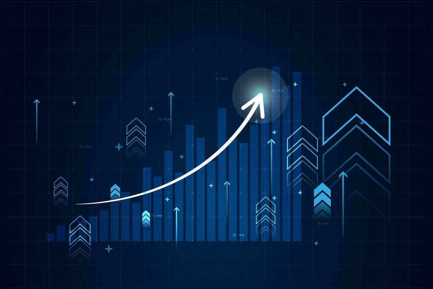 Abstract financial chart with up trend and arrow line graph in stock market on gradient dark blue color background vector