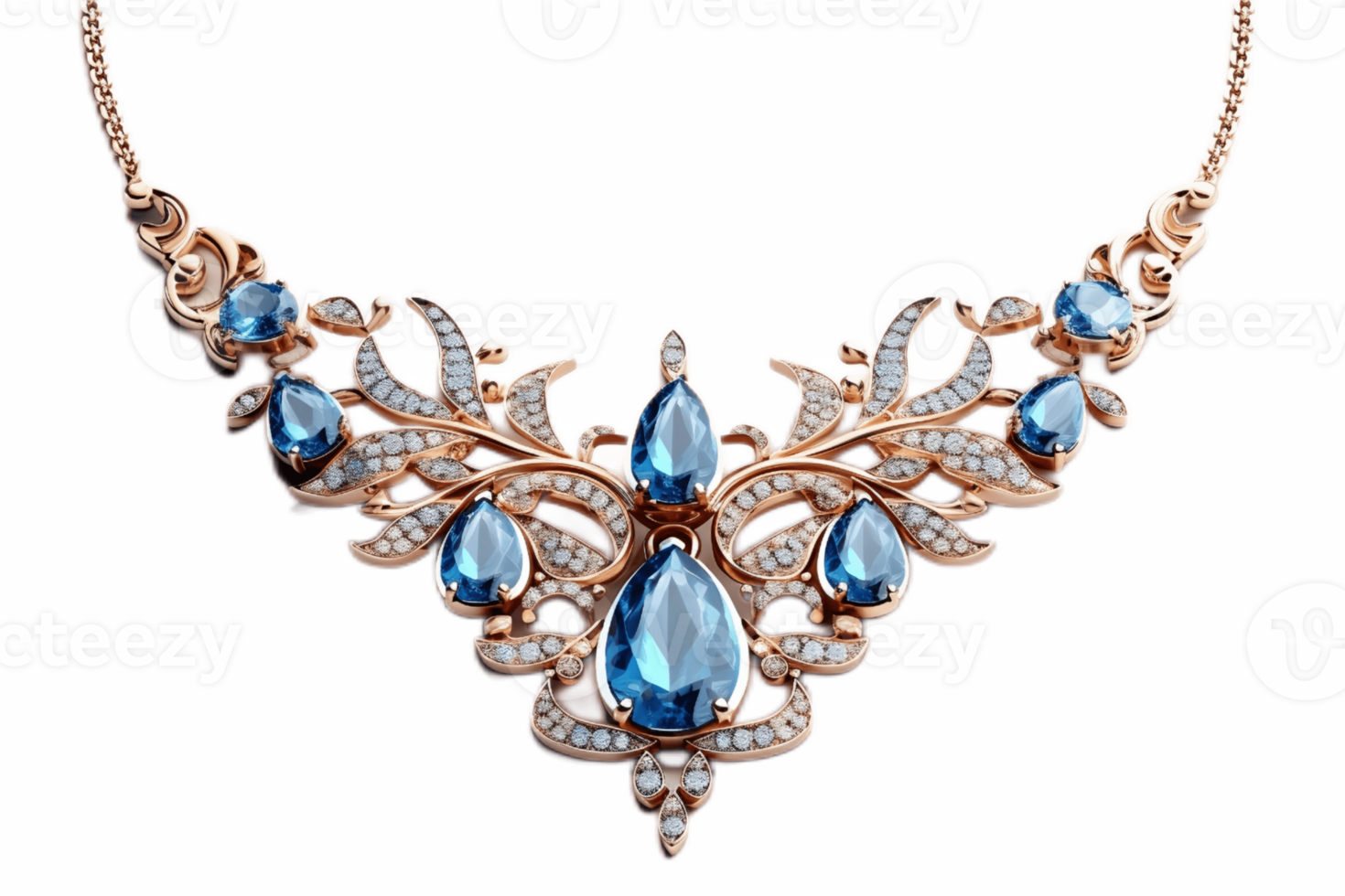 AI generated Golden Necklace with Blue Sapphire Gems and Diamonds Isolated on a Transparent Background. AI png