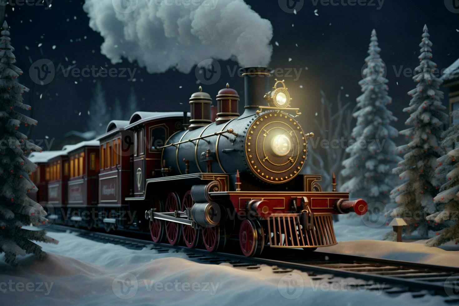 AI generated Magical winter ride A train adorned with Christmas decorations in a snowy setting AI Generated photo