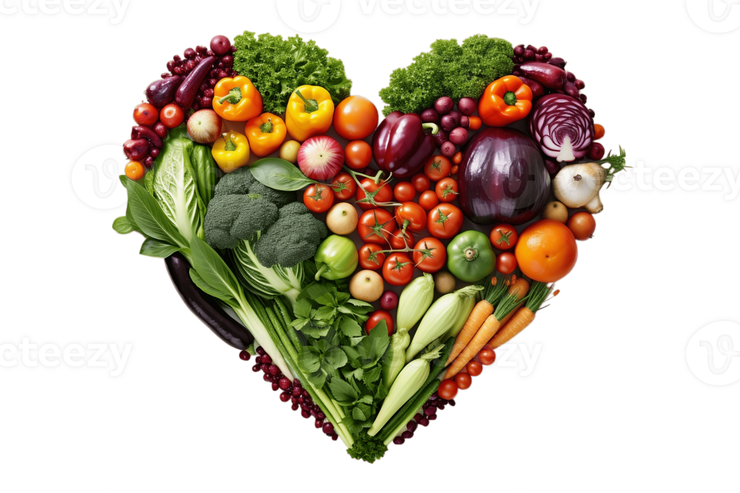 ai gegenereerd geassorteerd groenten vormen hart vorm geven aan, geïsoleerd Aan een transparant achtergrond. ai png