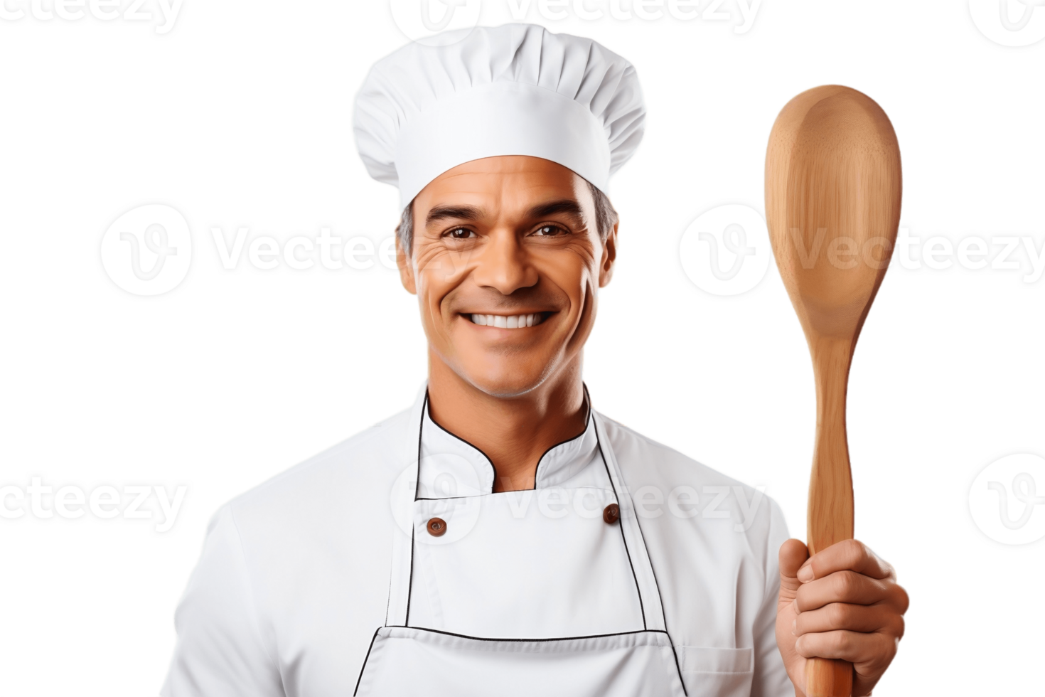 AI generated Male Chef with Chef's Hat Holding a Wooden Spoon on Transparent Background. AI png