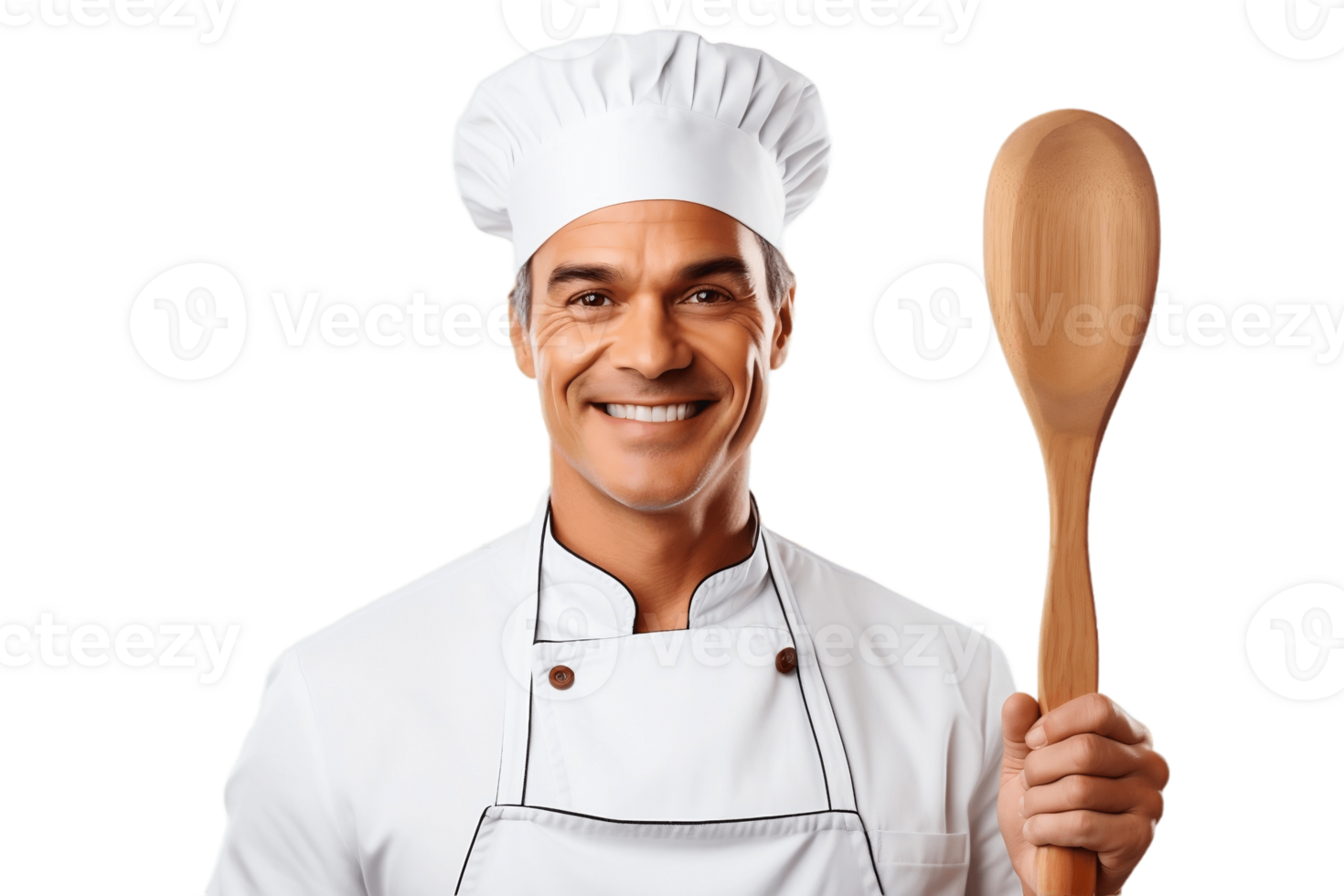 ai gegenereerd mannetje chef met chef-kok hoed Holding een houten lepel Aan transparant achtergrond. ai png