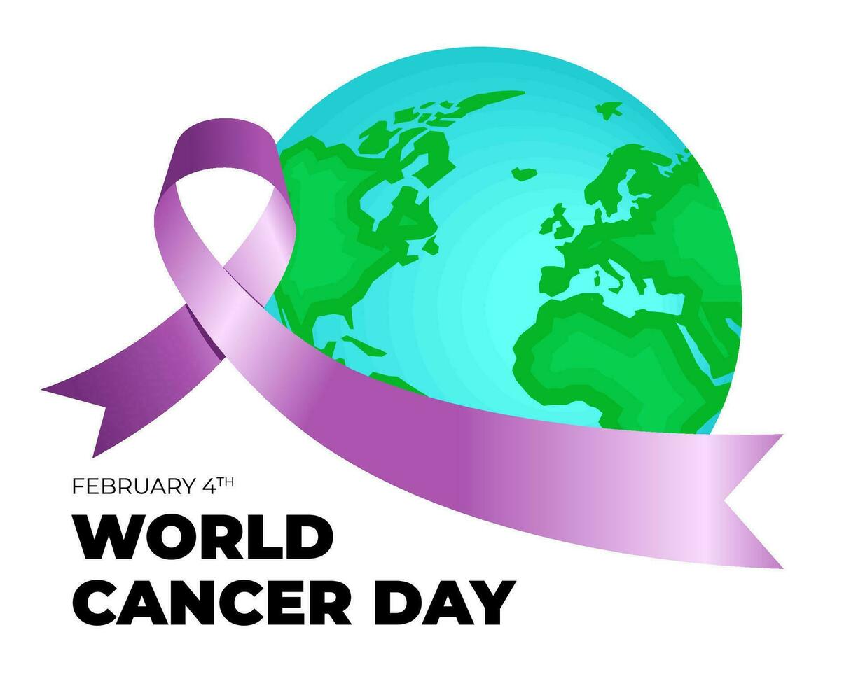 World cancer awareness day banner design concept. Purple ribbon on world map for February 4th stop cancer campaign symbol. Oncology prevention, detection and treatment. Vector eps print