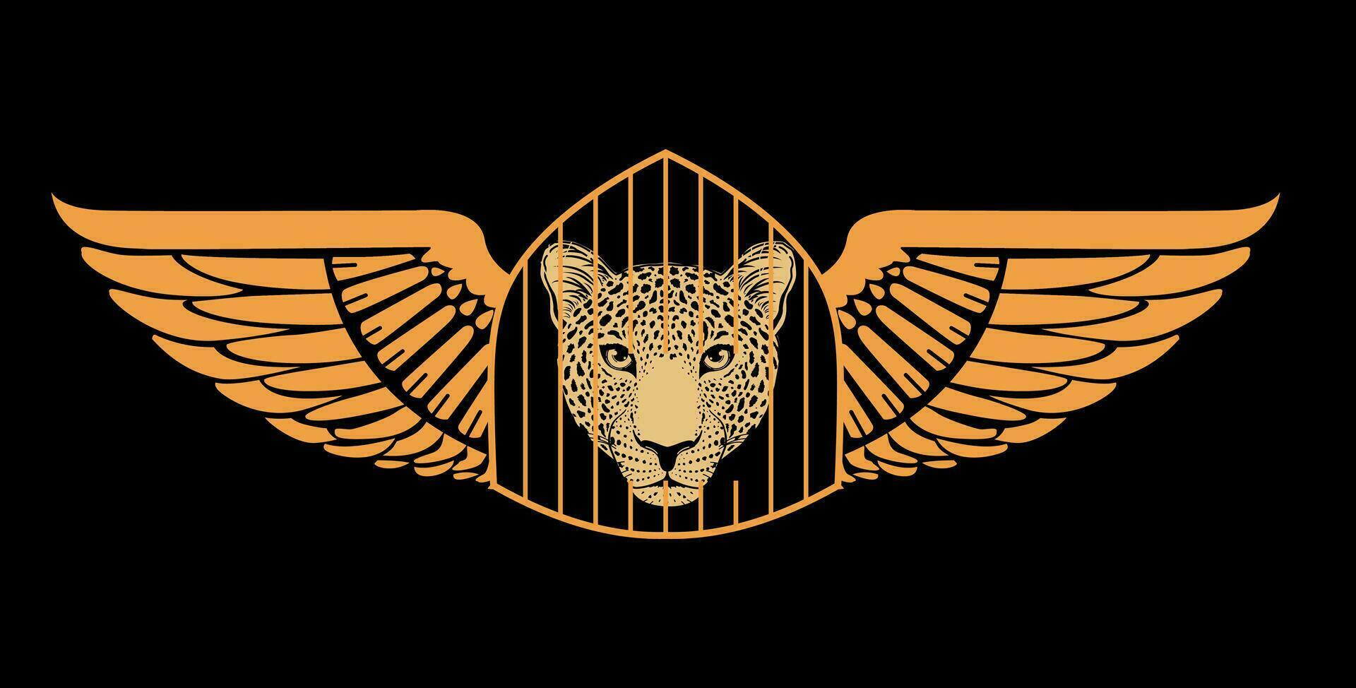 Design for cage t-shirt with wings and leopard head. vector