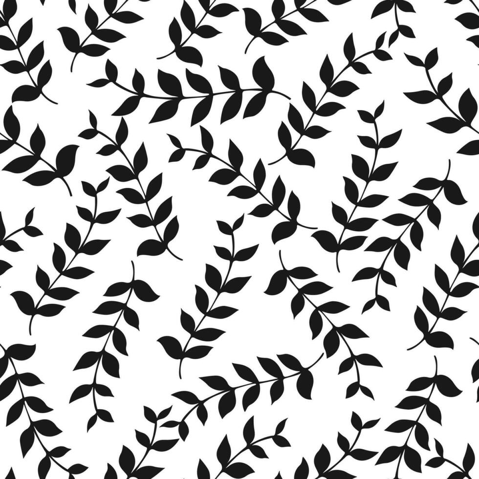 Floral Seamless Pattern Leaves Silhouette Vector. Seamless monochrome pattern black and white print with branches and leaves. vector