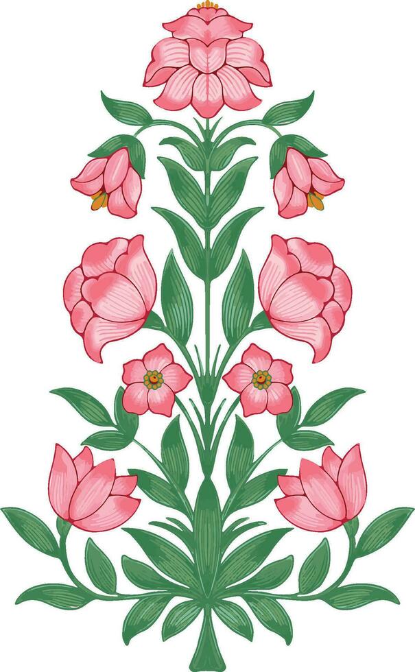 Mughal flower motif, hand drawn wall painting. Textile printing botanical flower art illustration, art work for digital fabric prints. vector