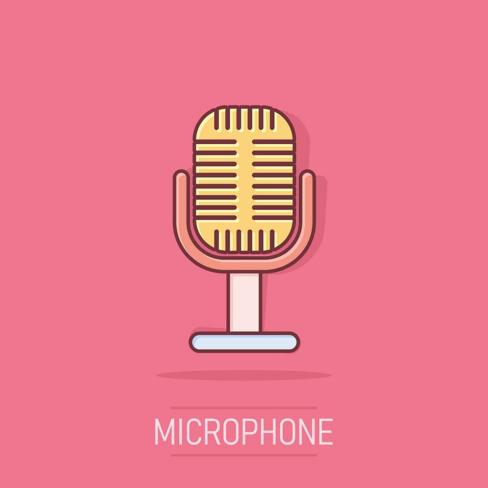 Microphone icon in comic style. Mic broadcast vector cartoon illustration pictogram. Microphone mike speech business concept splash effect.