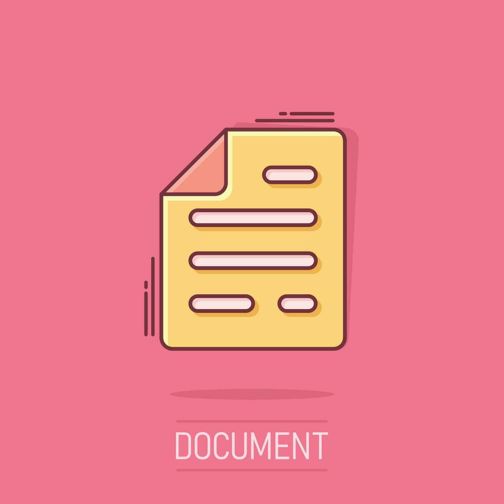 Document note icon in comic style. Paper sheet vector cartoon illustration pictogram. Notepad document business concept splash effect.