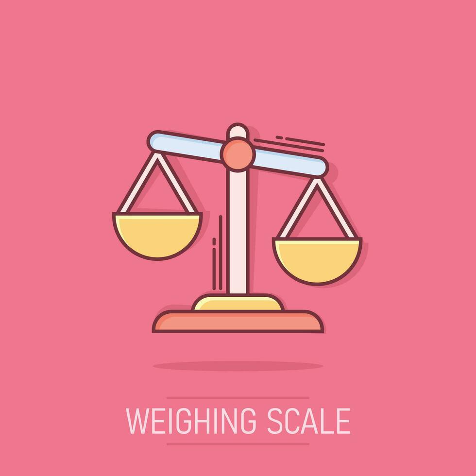 Scale comparison icon in comic style. Balance weight vector cartoon illustration pictogram. Scale compare business concept splash effect.