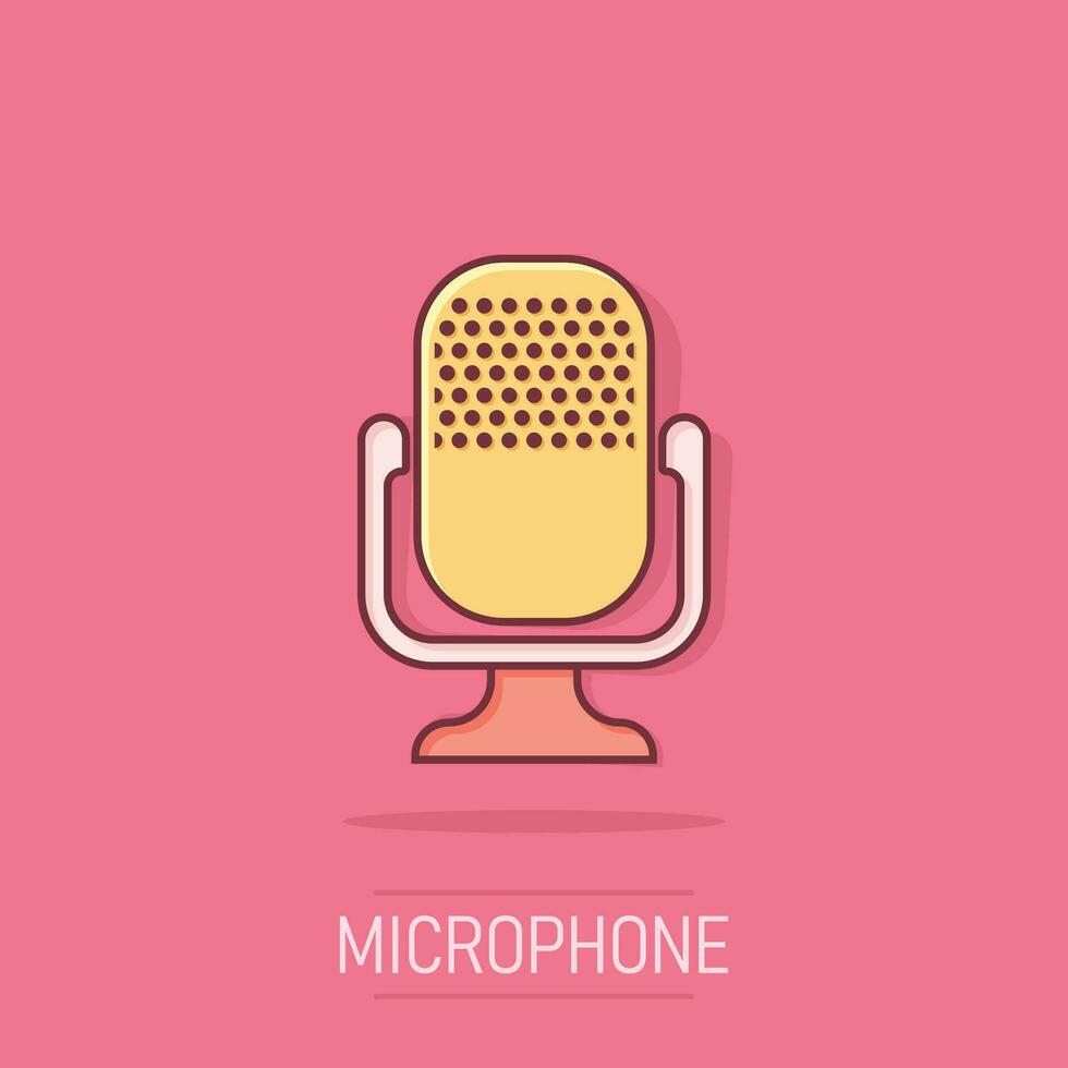 Microphone icon in comic style. Mic broadcast vector cartoon illustration pictogram. Microphone mike speech business concept splash effect.