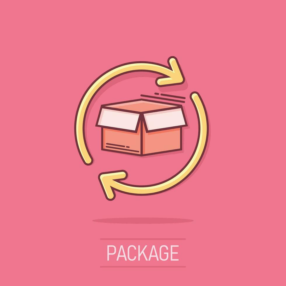 Vector cartoon box package return icon in comic style. Delivery box with arrow concept illustration pictogram. Cargo shipping business splash effect concept.