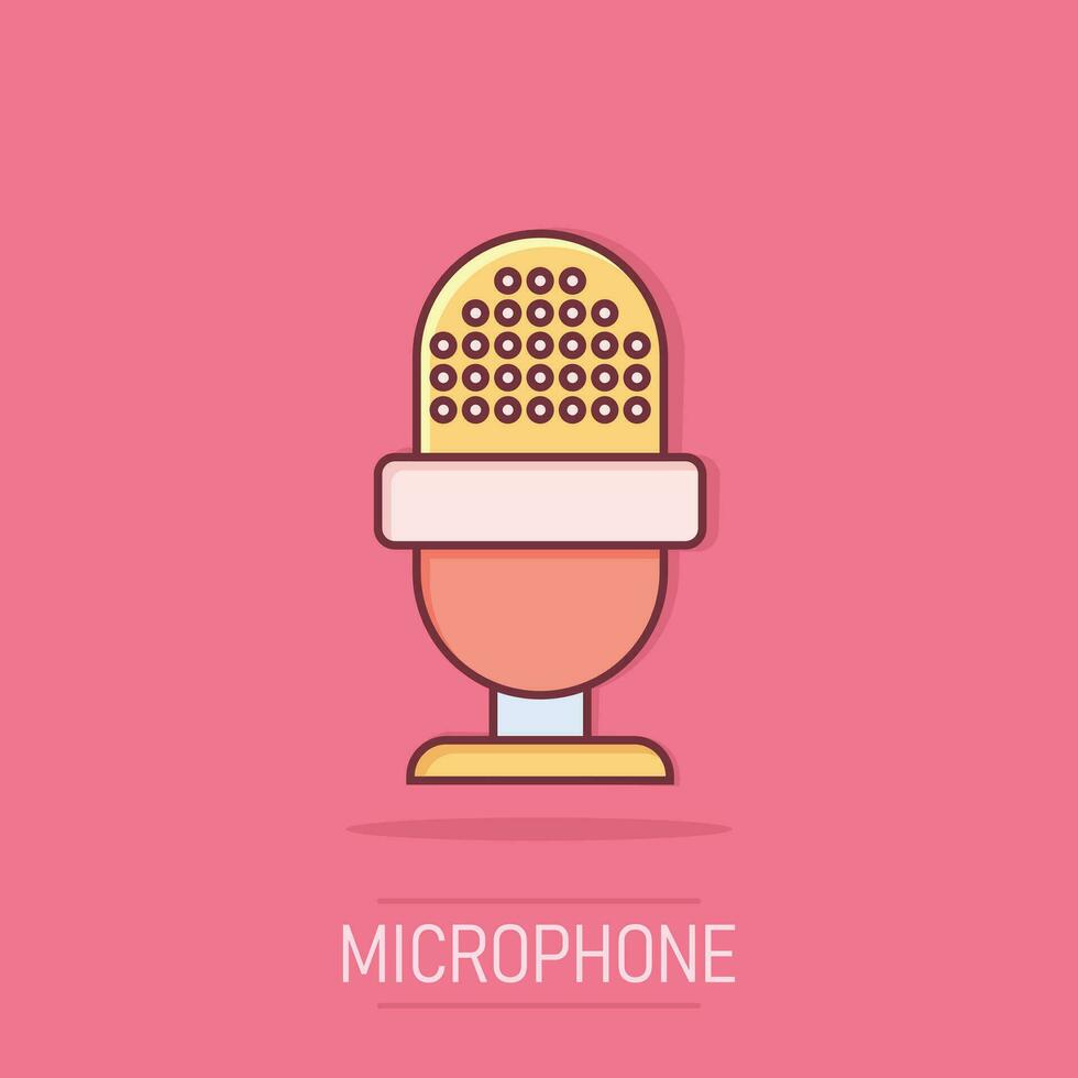 Microphone icon in comic style. Mic broadcast vector cartoon illustration pictogram. Microphone mike speech business concept splash effect.