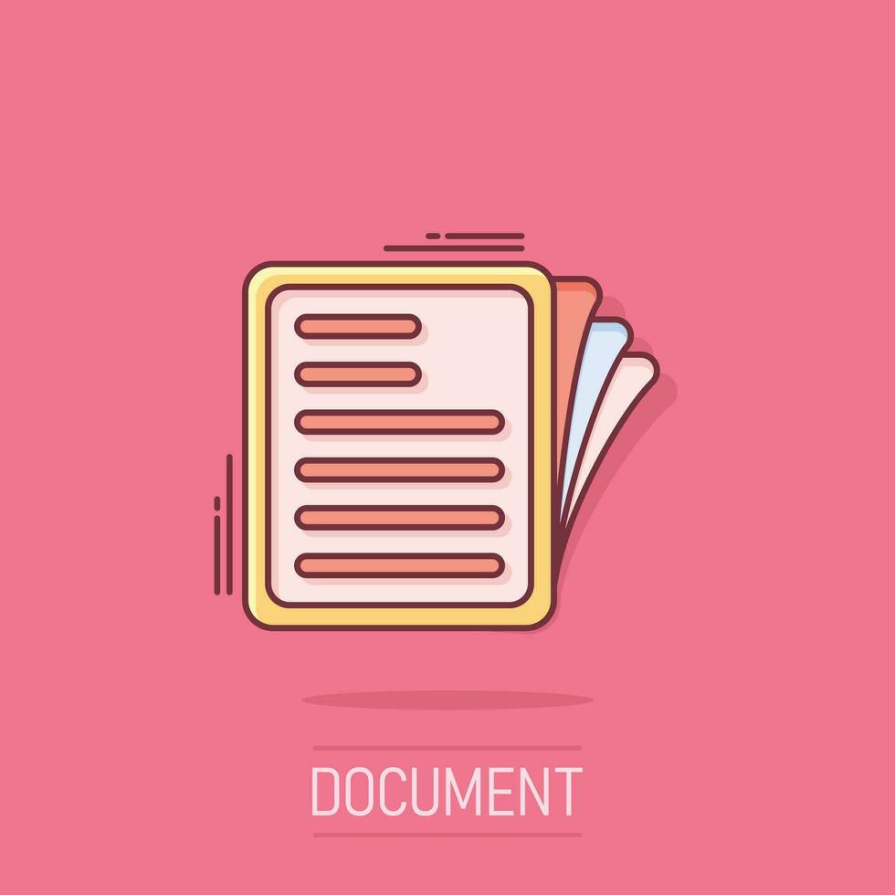 Document note icon in comic style. Paper sheet vector cartoon illustration pictogram. Notepad document business concept splash effect.