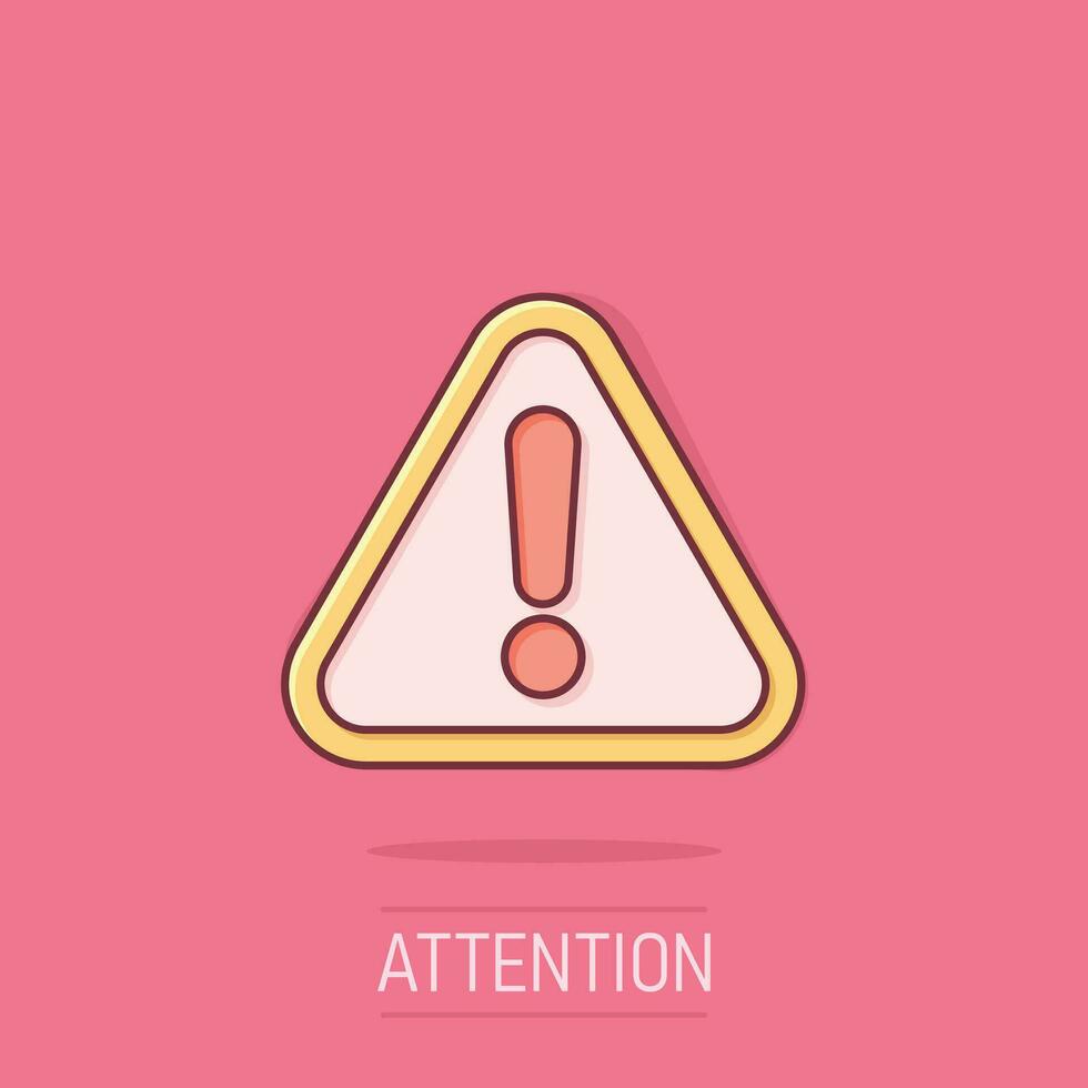 Exclamation mark icon in comic style. Danger alarm vector cartoon illustration pictogram. Caution risk business concept splash effect.