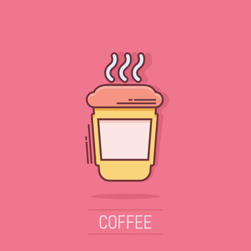 Coffee, tea cup icon in comic style. Coffee mug vector cartoon illustration pictogram. Drink business concept splash effect.