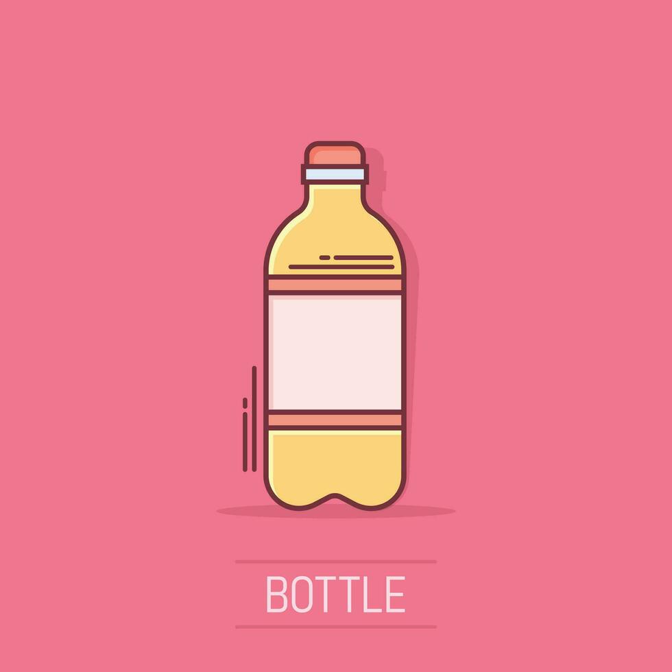 Water bottle icon in comic style. Plastic soda bottle vector cartoon illustration pictogram. Liquid water business concept splash effect.