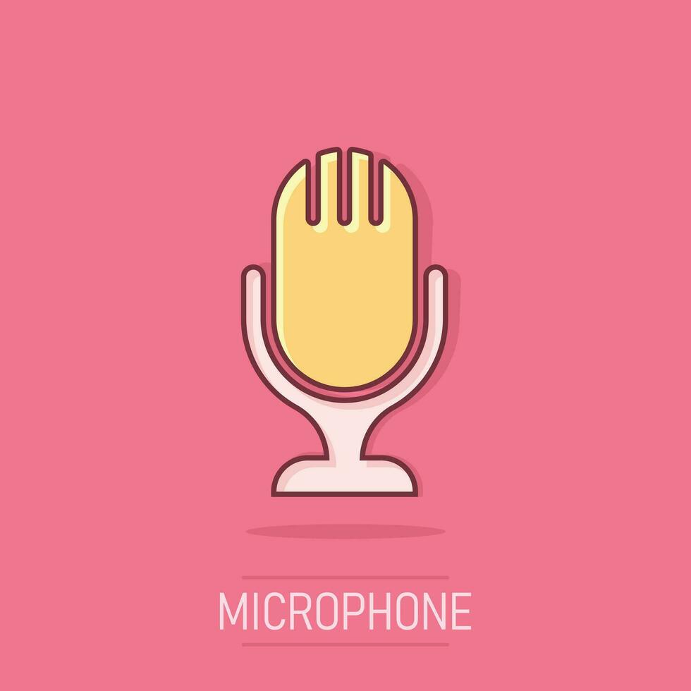 Microphone icon in comic style. Mic broadcast vector cartoon illustration pictogram. Microphone mike speech business concept splash effect.