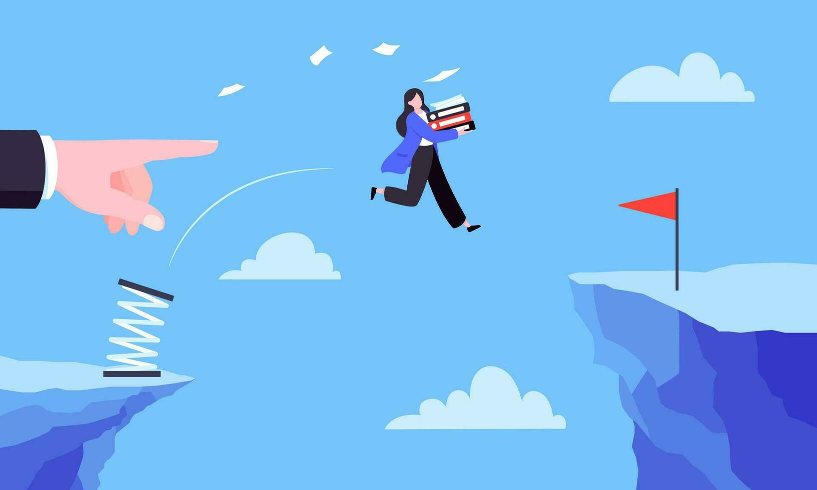 Businessman jumps over the abyss across the cliff flat style design vector illustration.