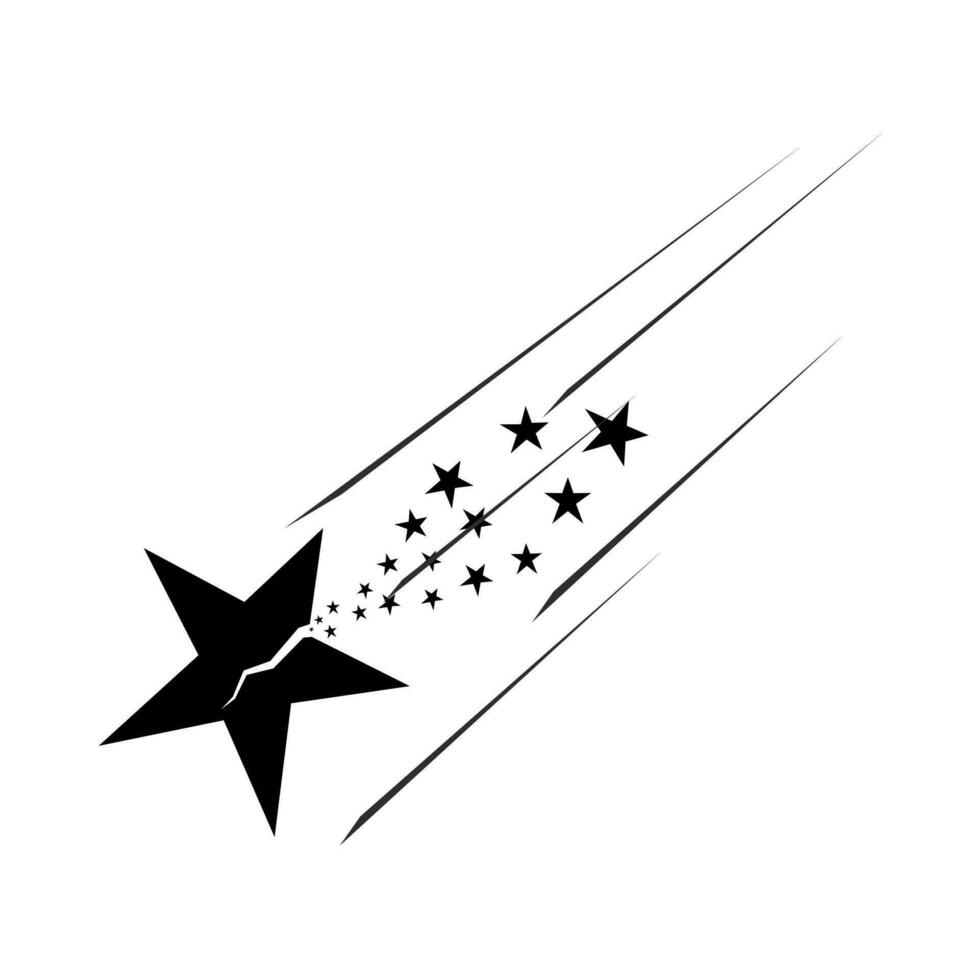 Vector silhouette of a destroyed star with small star splashes. Falling celestial bodies with fast effect on white background.