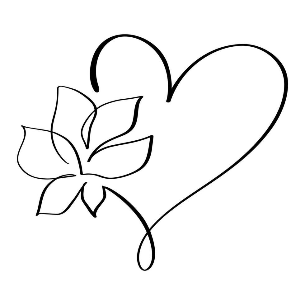 mano dibujado amor corazón con flor vector logo uno Arte línea ilustración. negro describir. elemento para enamorado día bandera, primavera póster, saludo tarjeta