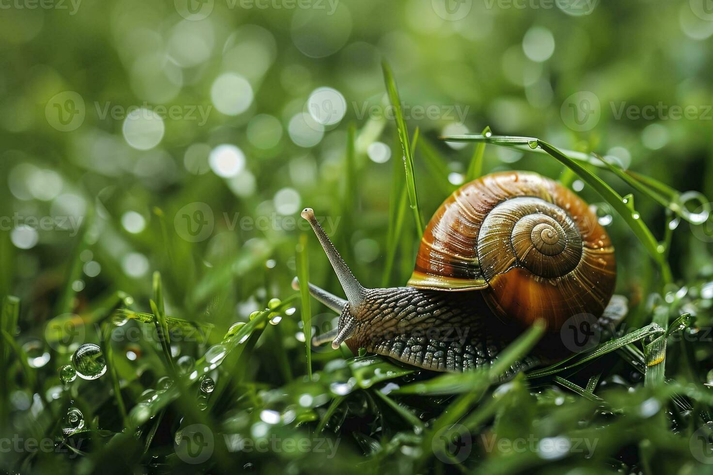 AI generated Macro shot of a snail on the grass after the rain photo