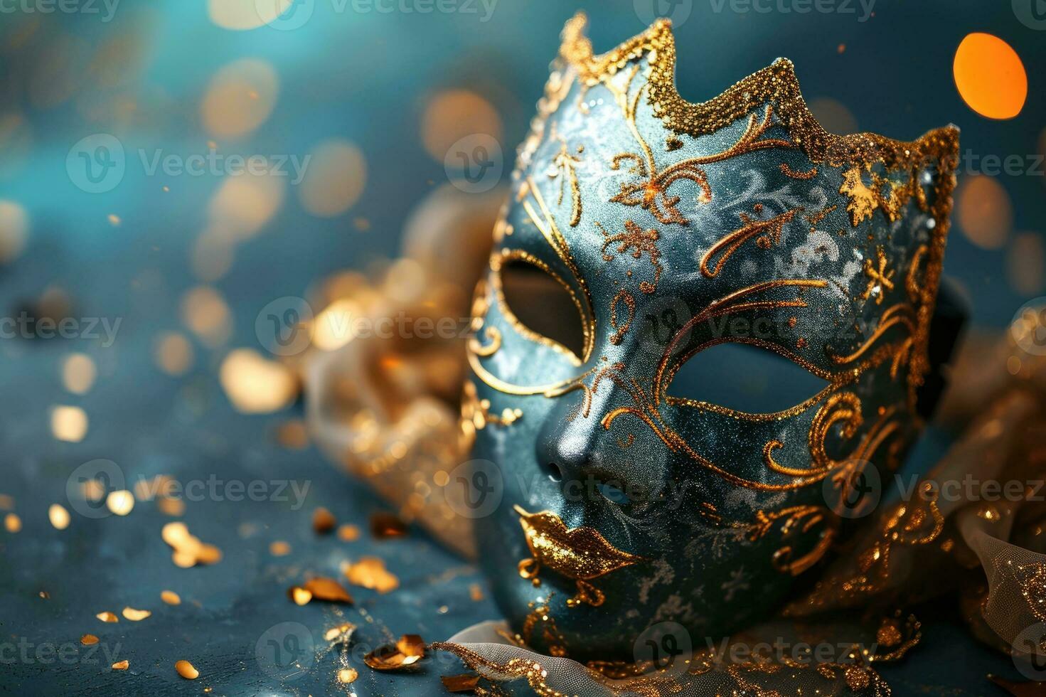 AI generated Festive Venetian carnival mask with gold decorations on dark blue background. photo