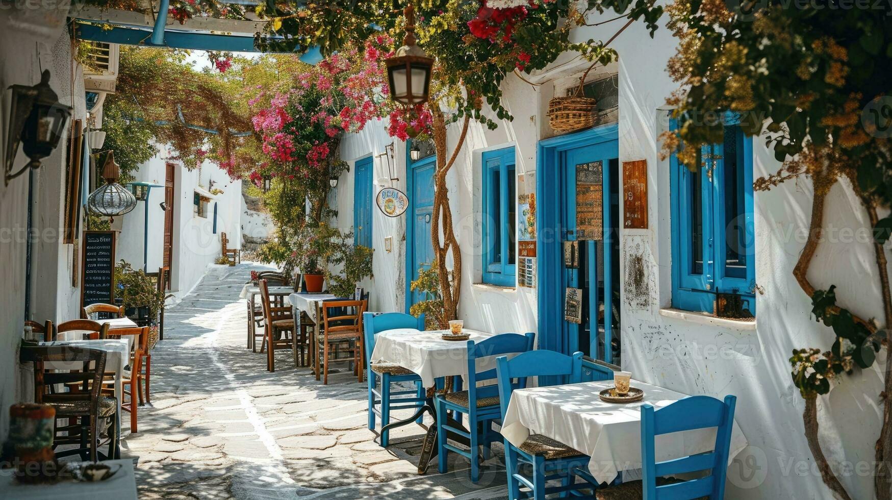 AI generated Greek culture with traditional white and blue greek architecture, taverna photo