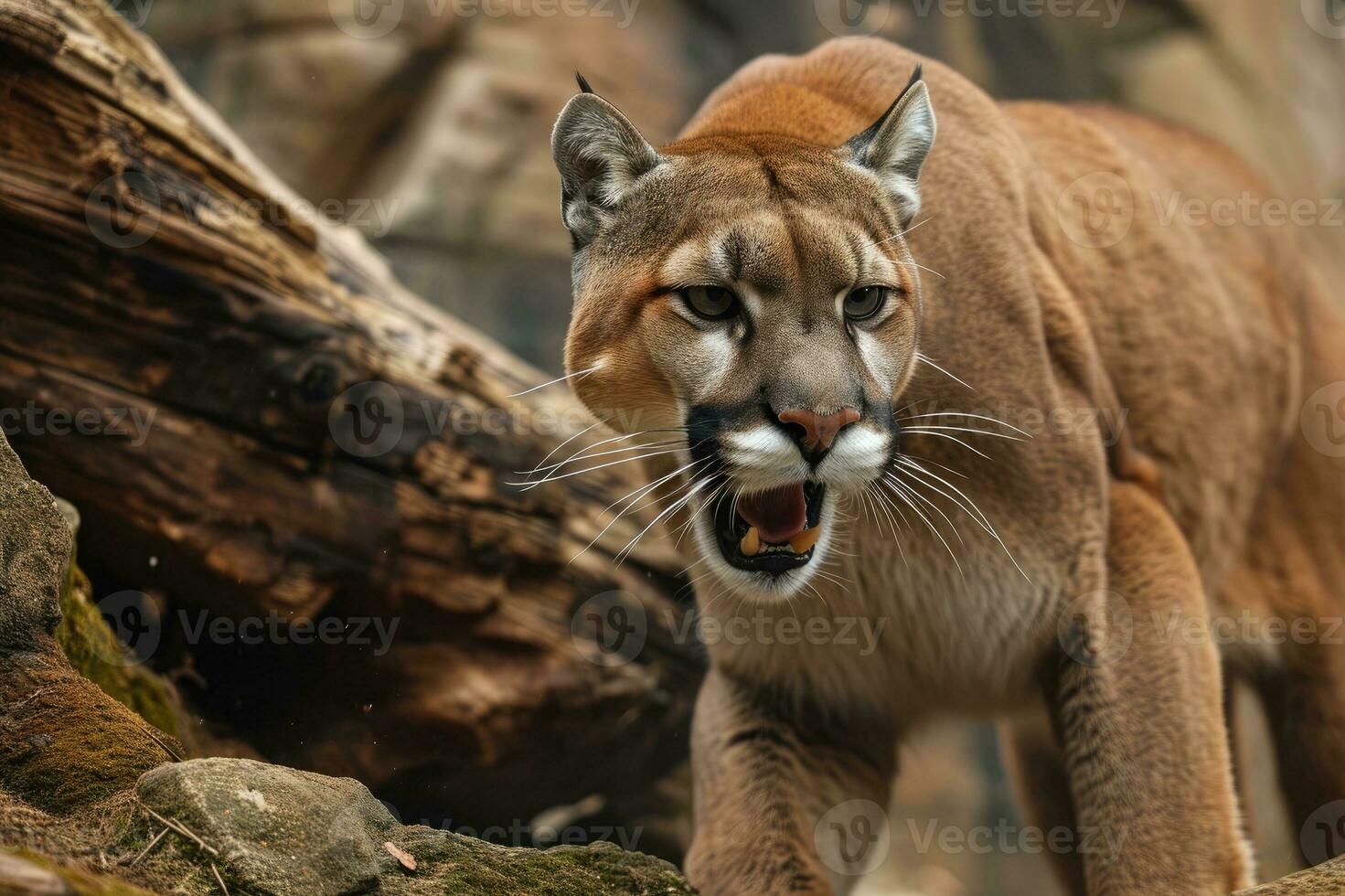 AI generated Roaring cougar or mountain lion hunts its prey photo