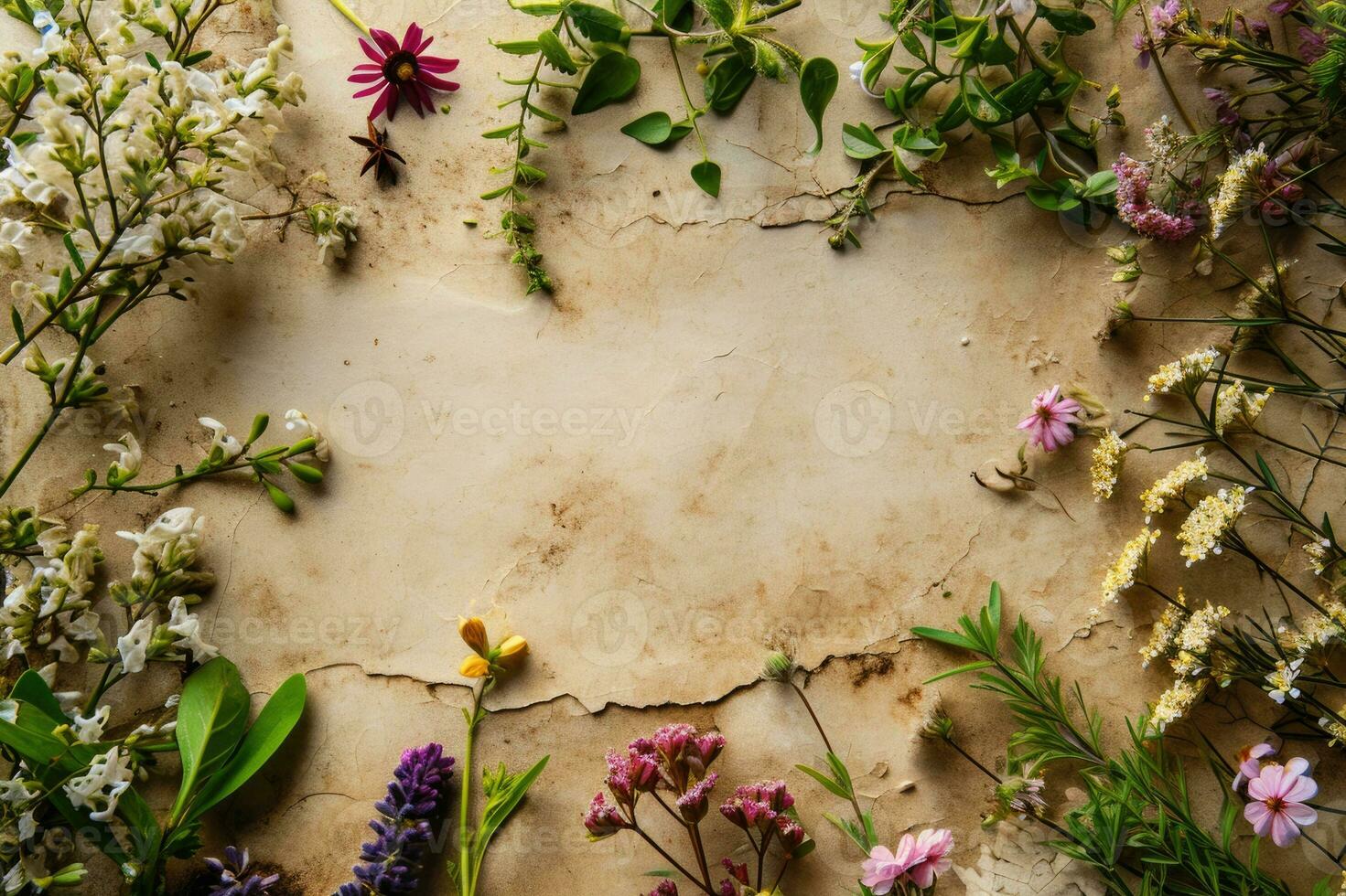 AI generated Medicinal herbs along the edge of the paper for the background for the letter. Herbal herbarium, copy space photo