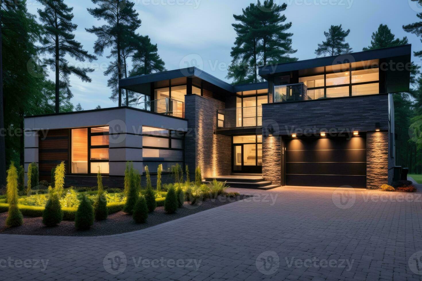 AI generated Luxury modern villa. House in modern style with garage photo