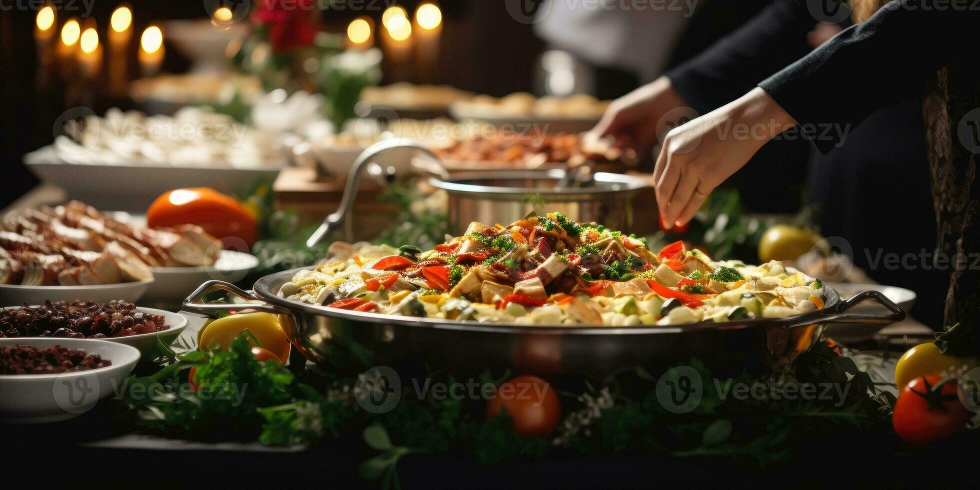 AI generated Catering buffet food on a long table in a hotel restaurant photo