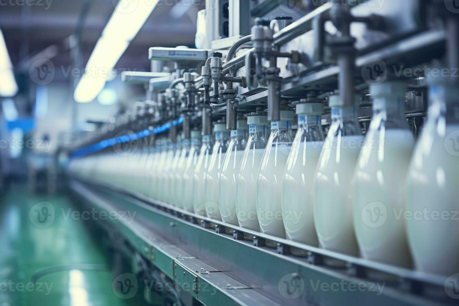 AI generated Milk factory. Robotic factory line for processing and bottling of milk. photo