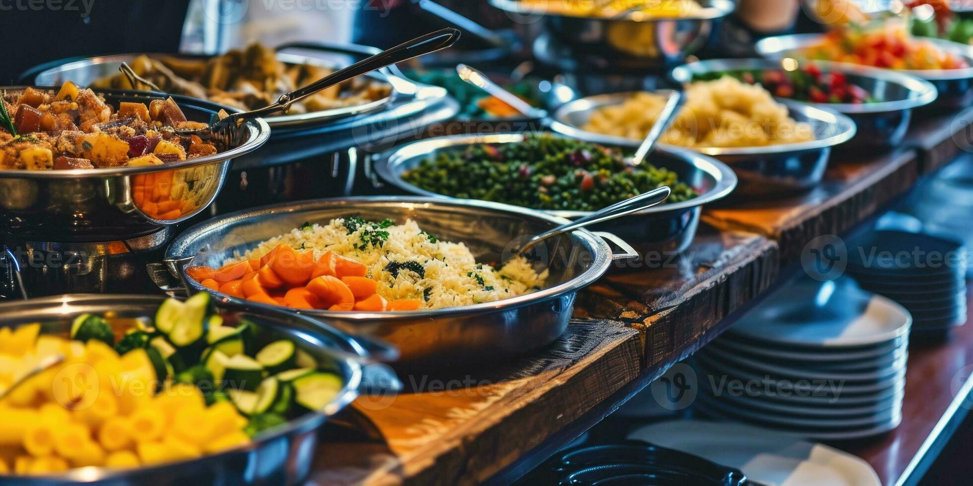 ai generado abastecimiento buffet comida en un largo mesa en un hotel restaurante foto