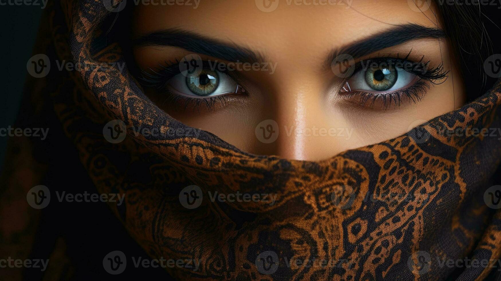 AI generated Piercing look into the eyes of an Arab woman with a headscarf photo