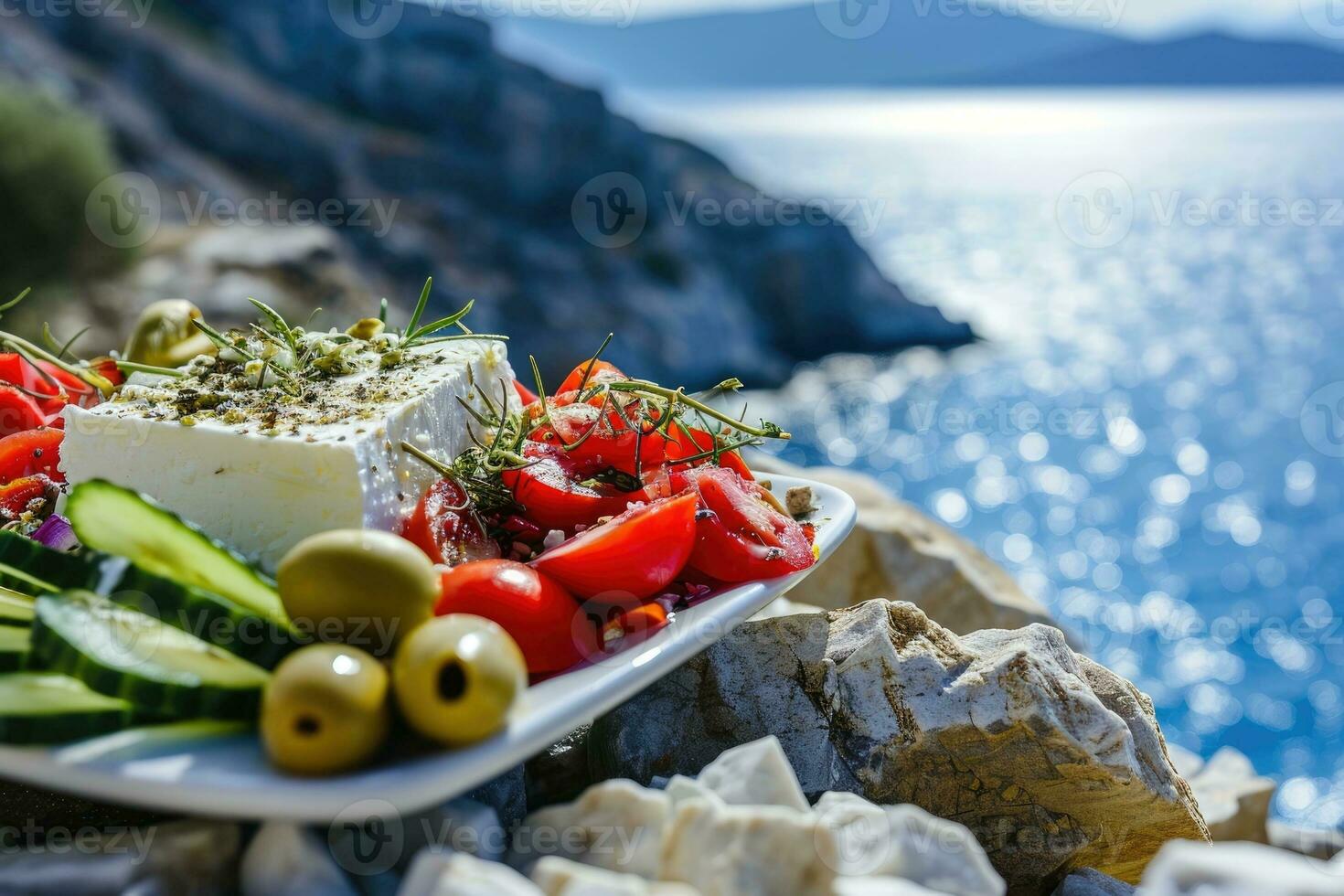 AI generated Greek salad with tomatoes, cucumbers, white feta cheese, olives and the sea in the background photo