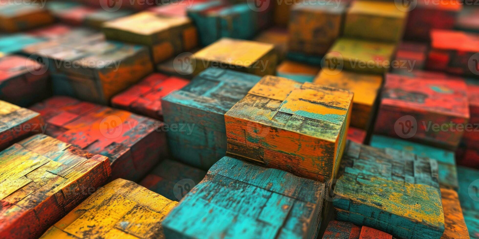 AI generated Abstract block stack wooden 3d cubes, colorful wood texture for backdrop photo